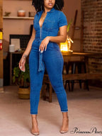 Stylish Vintage V-Neck Denim Jumpsuit