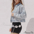 Denim Turndown Collar Splice Rhinestone Tassel Long Sleeve Loose Button Woman Clothing Warm Stylish Elegant Versatile Ja
