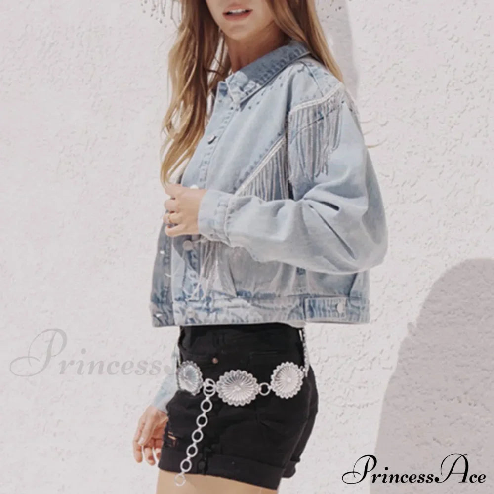 Denim Turndown Collar Splice Rhinestone Tassel Long Sleeve Loose Button Woman Clothing Warm Stylish Elegant Versatile Ja