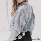 Denim Turndown Collar Splice Rhinestone Tassel Long Sleeve Loose Button Woman Clothing Warm Stylish Elegant Versatile Ja