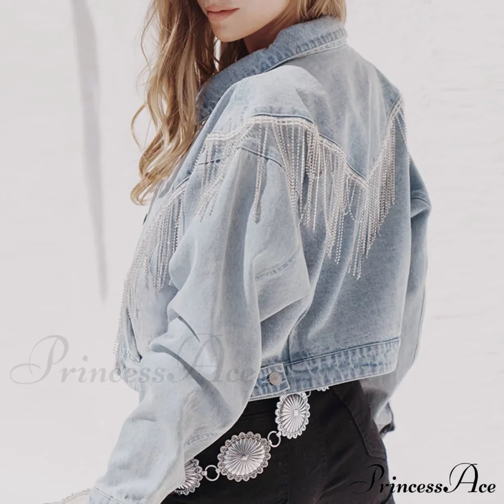 Denim Turndown Collar Splice Rhinestone Tassel Long Sleeve Loose Button Woman Clothing Warm Stylish Elegant Versatile Ja