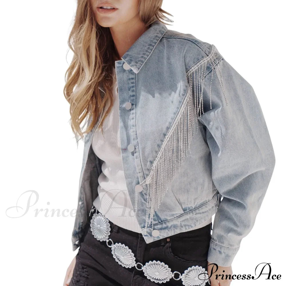 Denim Turndown Collar Splice Rhinestone Tassel Long Sleeve Loose Button Woman Clothing Warm Stylish Elegant Versatile Ja