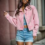 Denim Turndown Collar Splice Rhinestone Tassel Long Sleeve Loose Button Woman Clothing Warm Stylish Elegant Versatile Ja