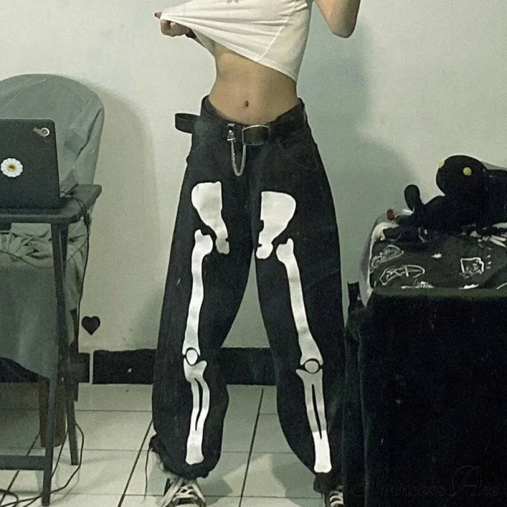 Design Baggy Waist Skeleton Streetwear Jeans Vintage Low Casual Outfits