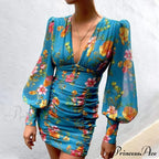 Design Party Bodycon Neck Deep Warm-Season Flowered Gown Lantern Arm Ruched - V Dress