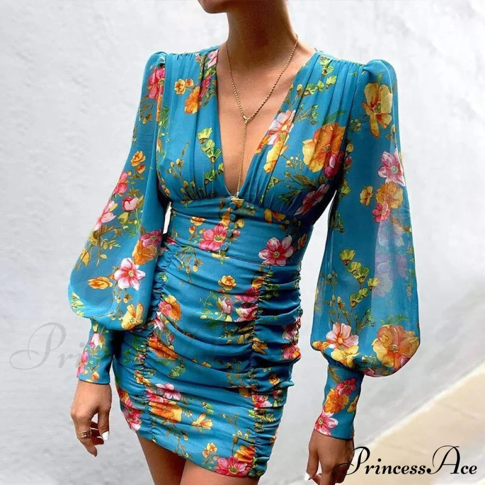 Design Party Bodycon Neck Deep Warm-Season Flowered Gown Lantern Arm Ruched - V Dress