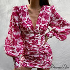 Design Party Bodycon Neck Deep Warm-Season Flowered Gown Lantern Arm Ruched - V Dress