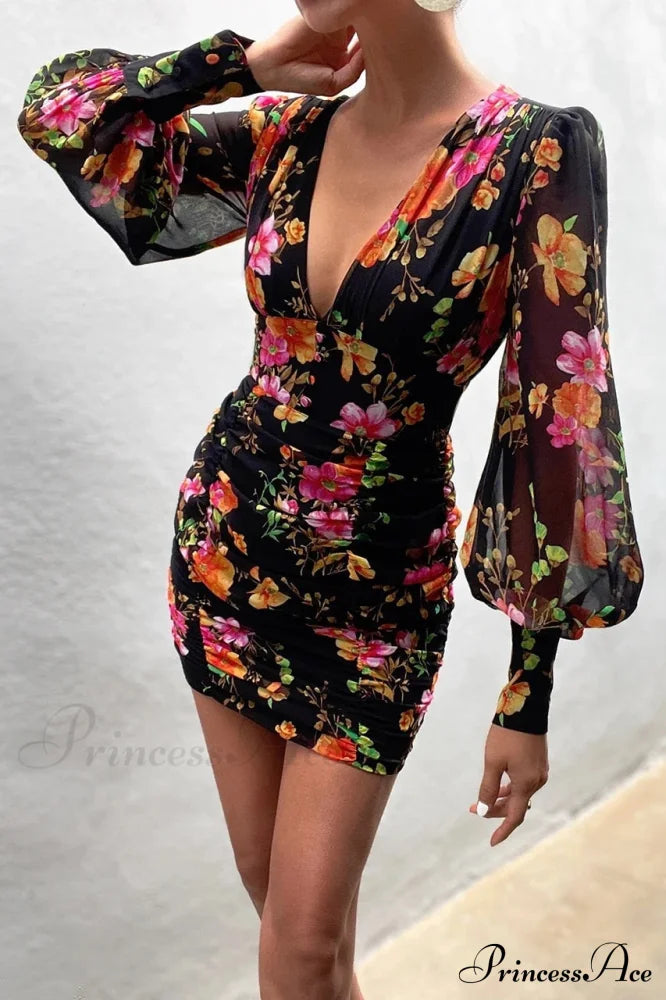 Design Party Bodycon Neck Deep Warm-Season Flowered Gown Lantern Arm Ruched - V Dress