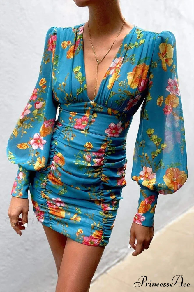Design Party Bodycon Neck Deep Warm-Season Flowered Gown Lantern Arm Ruched - V Dress