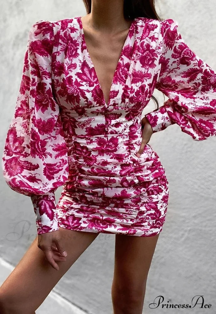 Design Party Bodycon Neck Deep Warm-Season Flowered Gown Lantern Arm Ruched - V Dress