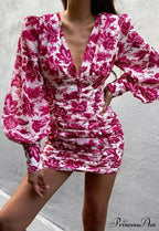 Design Party Bodycon Neck Deep Warm-Season Flowered Gown Lantern Arm Ruched - V Dress
