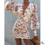 Design Party Bodycon Neck Deep Warm-Season Flowered Gown Lantern Arm Ruched - V Dress