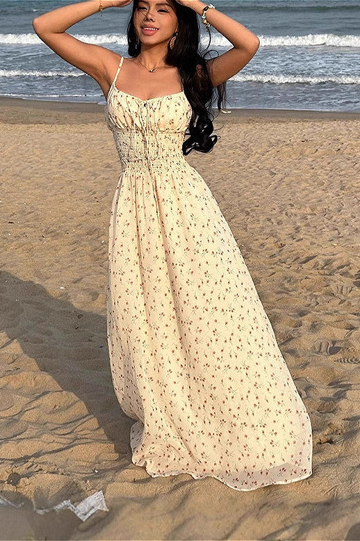 Smocked V Neck High Waist A Line Maxi Cami Floral Dress
