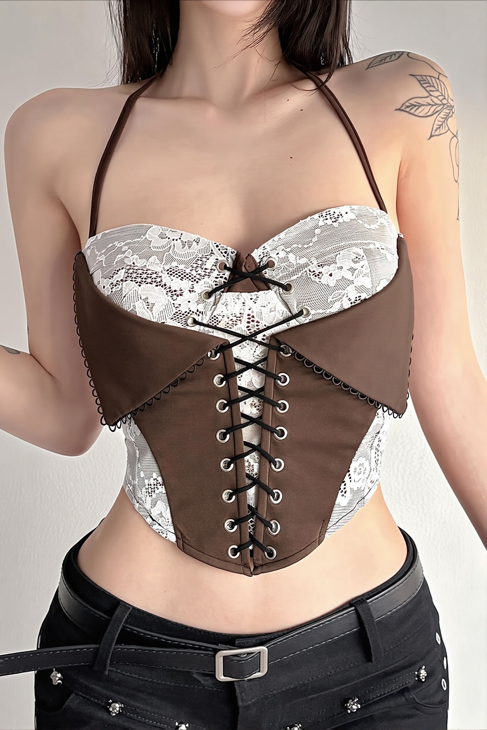 Color Block Lace Insert Tie Waist Backless Halter Top
