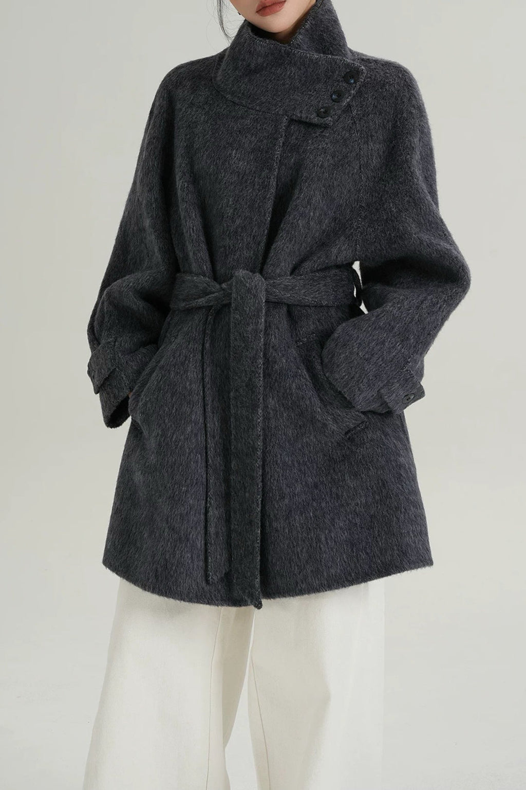 Solid Wool Warm Loose Mock-Neck Coat