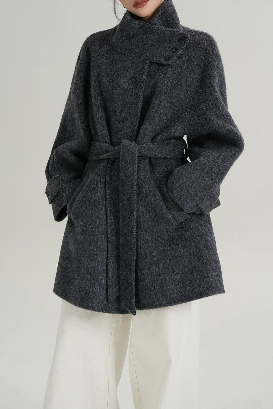 Solid Wool Warm Loose Mock-Neck Coat