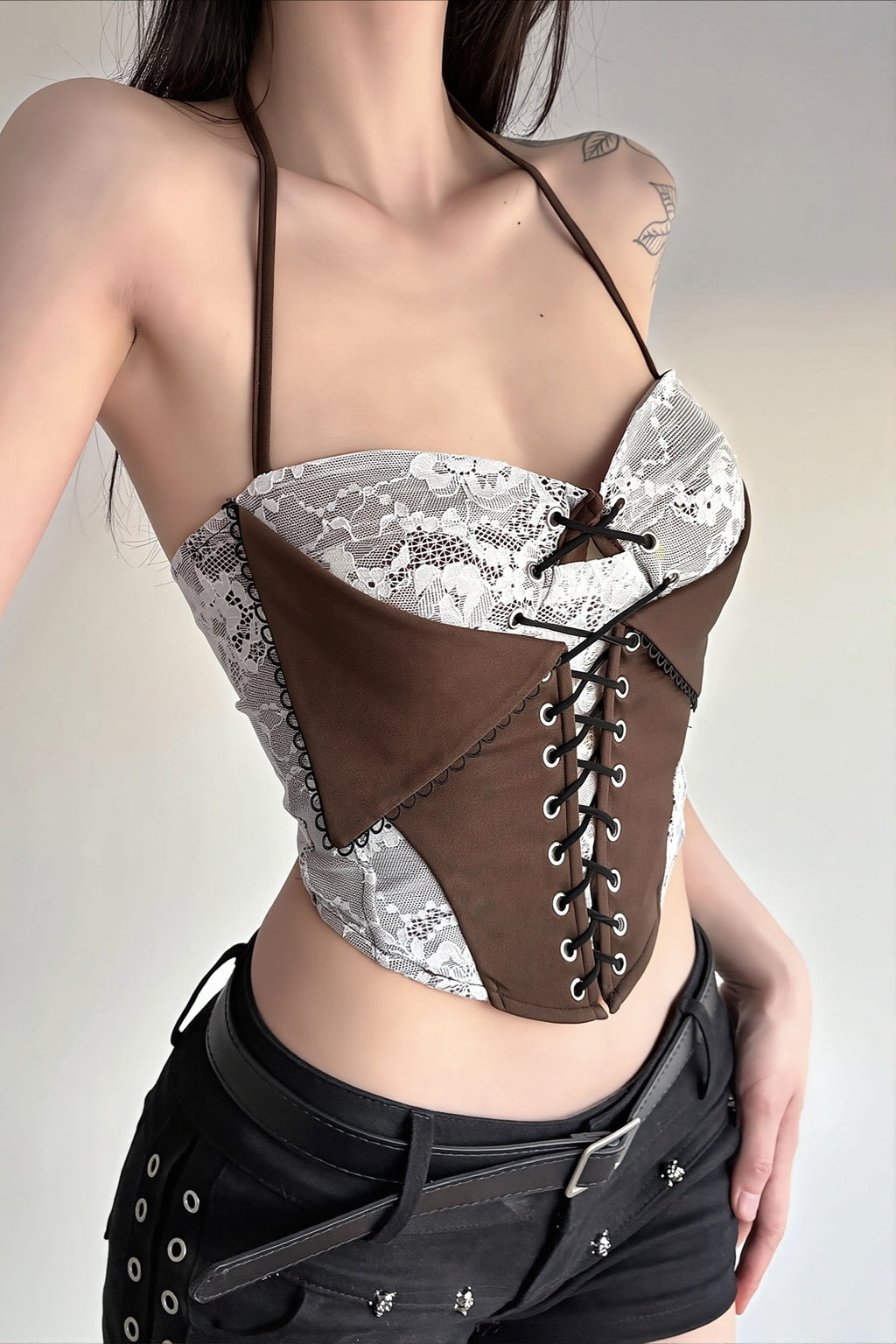 Color Block Lace Insert Tie Waist Backless Halter Top