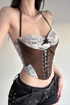 Color Block Lace Insert Tie Waist Backless Halter Top
