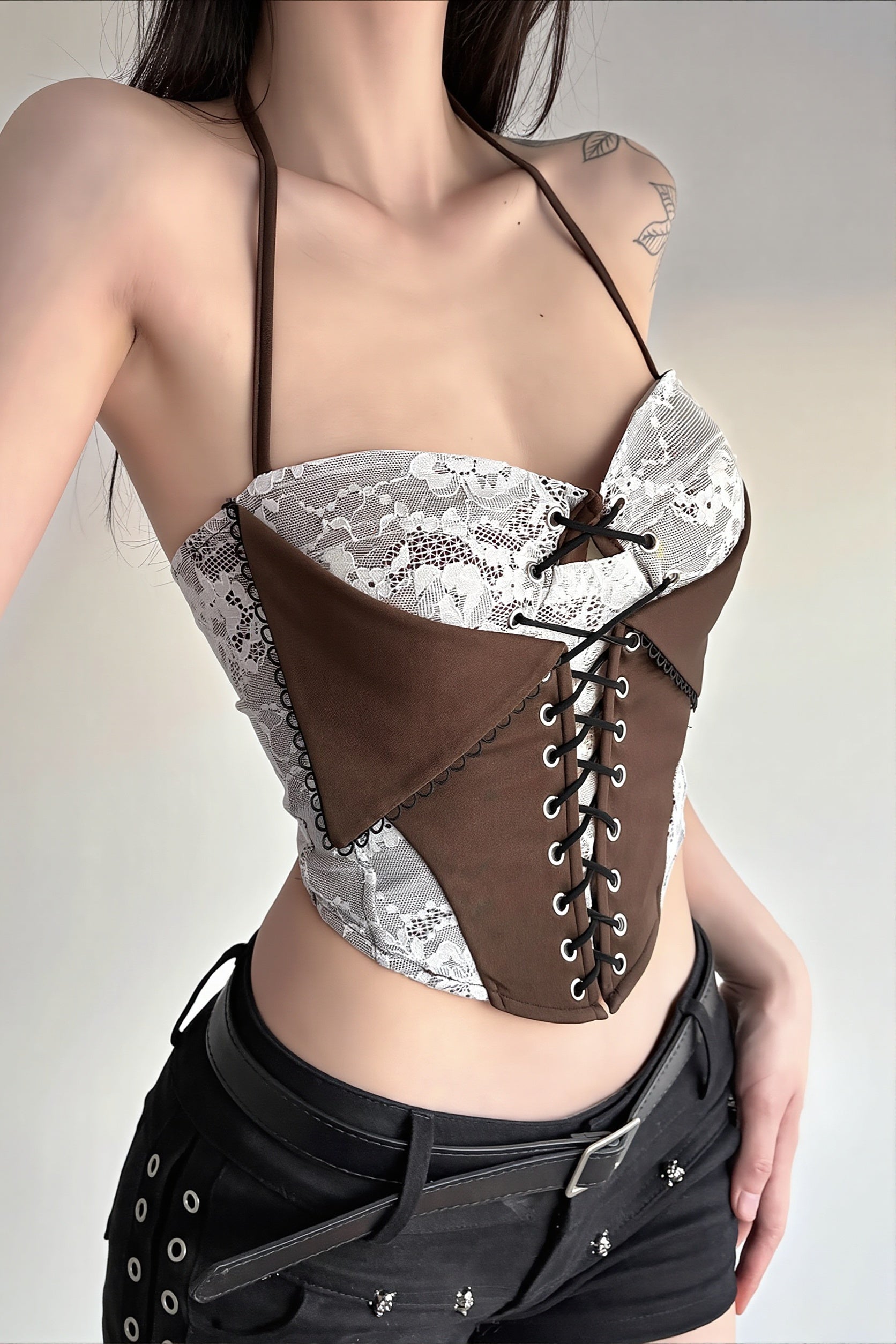 Color Block Lace Insert Tie Waist Backless Halter Top