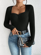 Diamond Collar Casual Knitted Long Sleeve T-Shirt Women