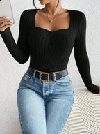 Diamond Collar Casual Knitted Long Sleeve T-Shirt Women
