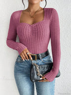 Diamond Collar Casual Knitted Long Sleeve T-Shirt Women