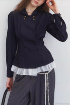 Double-Breasted Denim Pleated Slim Jacket