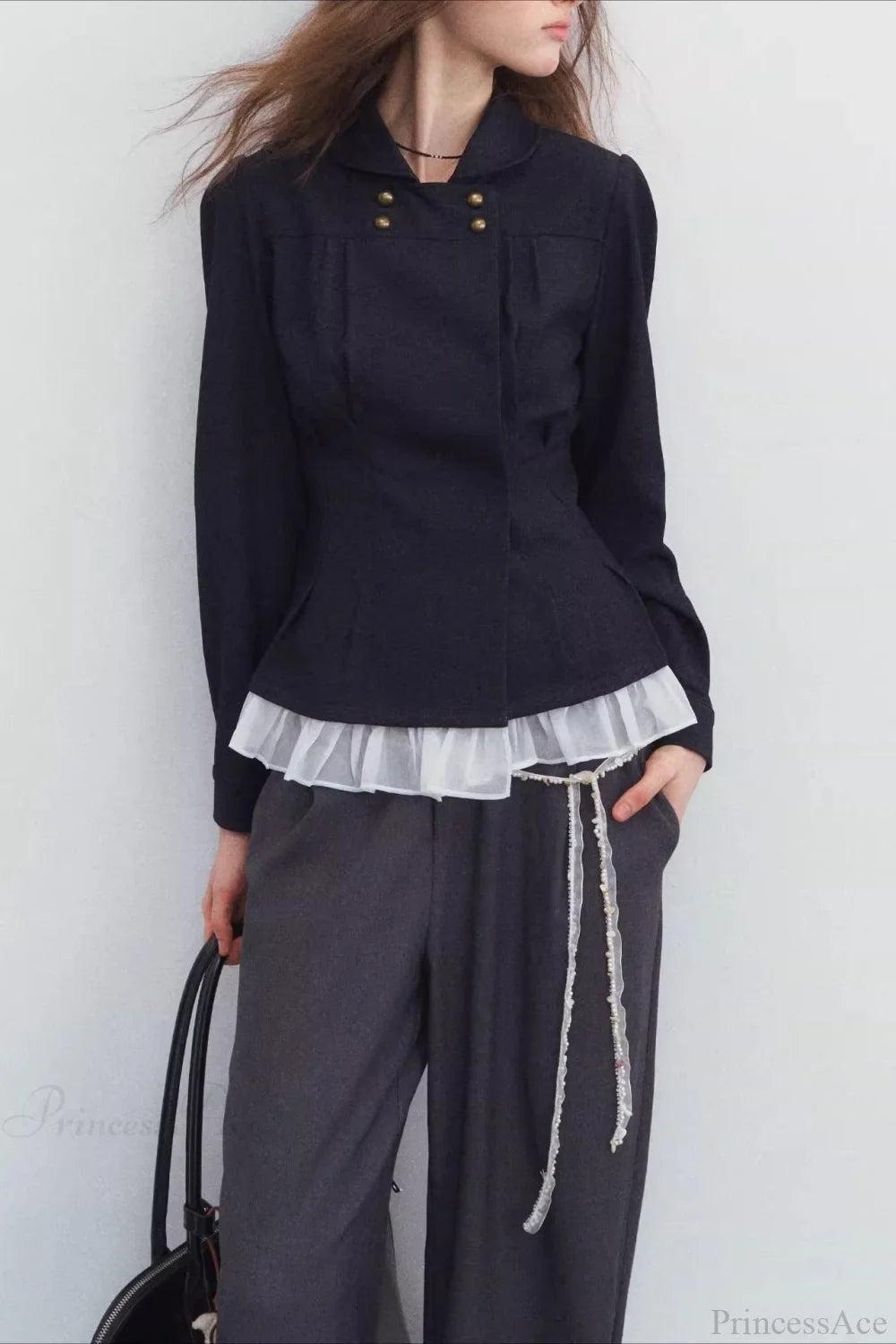 Double-Breasted Denim Pleated Slim Jacket