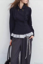 Double-Breasted Denim Pleated Slim Jacket