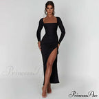 Drawstring Ruched High-Split Club-Ready Square-Necked Long-Sleeved Sensual Midi Dress