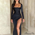 Drawstring Ruched High-Split Club-Ready Square-Necked Long-Sleeved Sensual Midi Dress