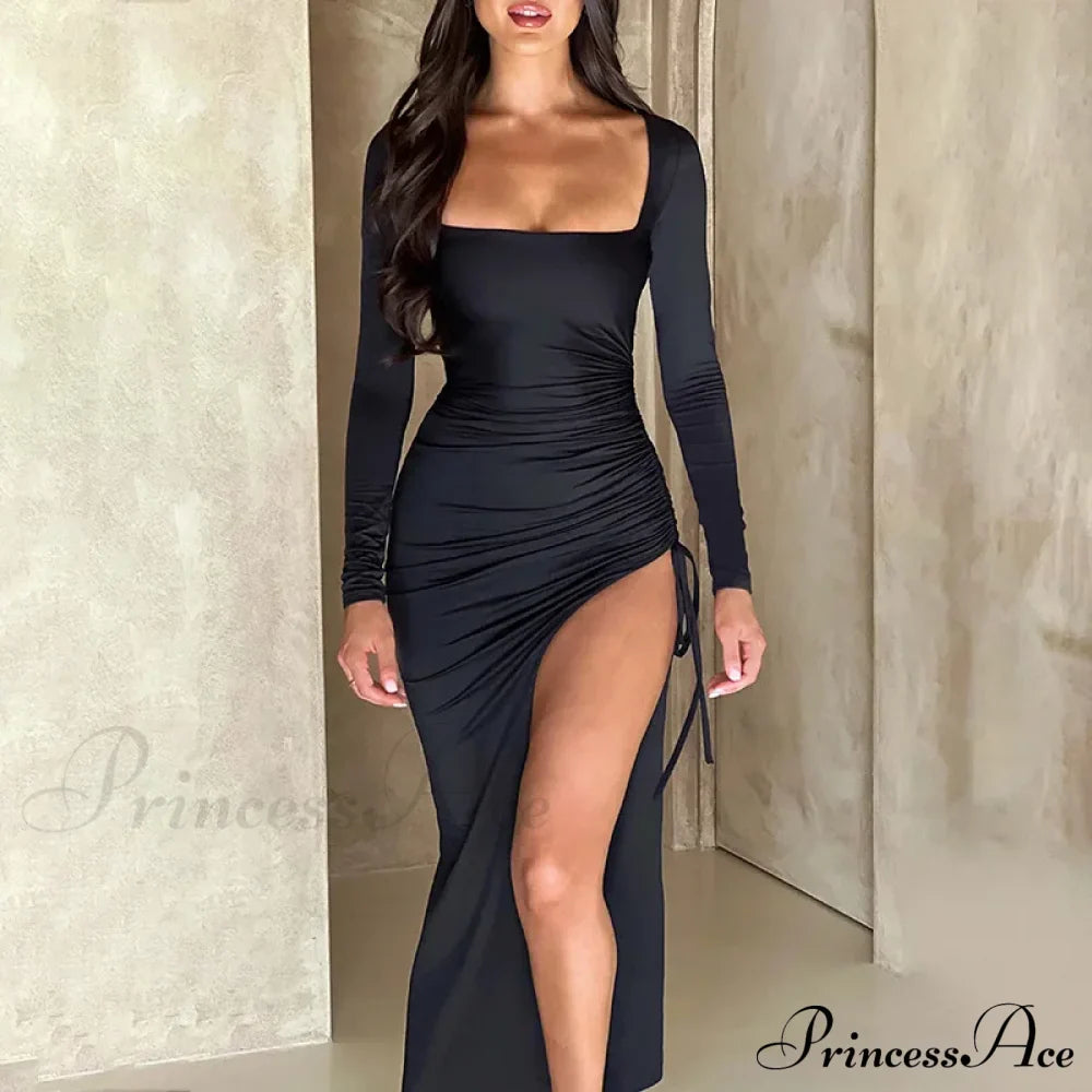 Drawstring Ruched High-Split Club-Ready Square-Necked Long-Sleeved Sensual Midi Dress