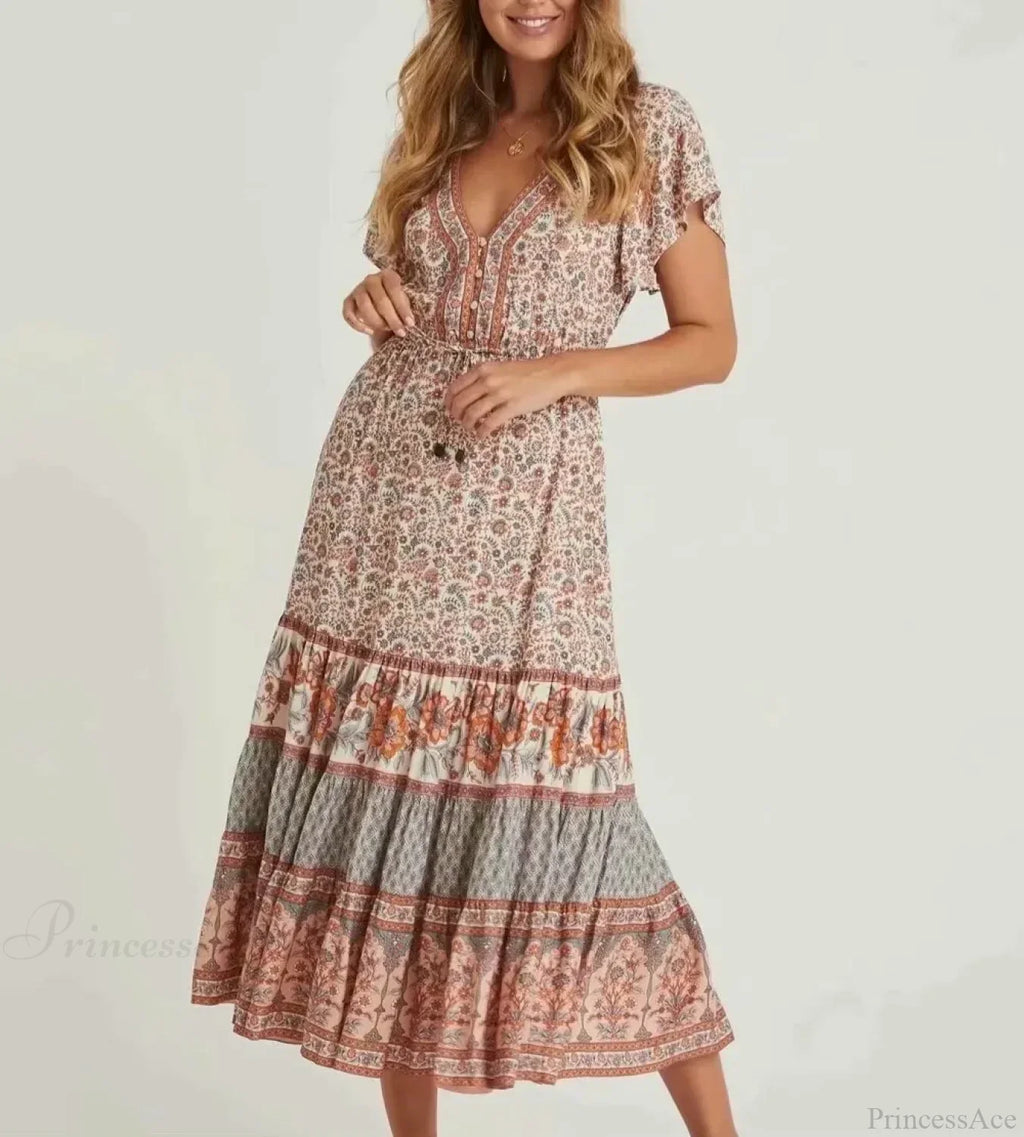 Drawstring Waist Midi Dress Vintage Floral Cotton Casual Summer