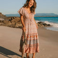 Drawstring Waist Midi Dress Vintage Floral Cotton Casual Summer