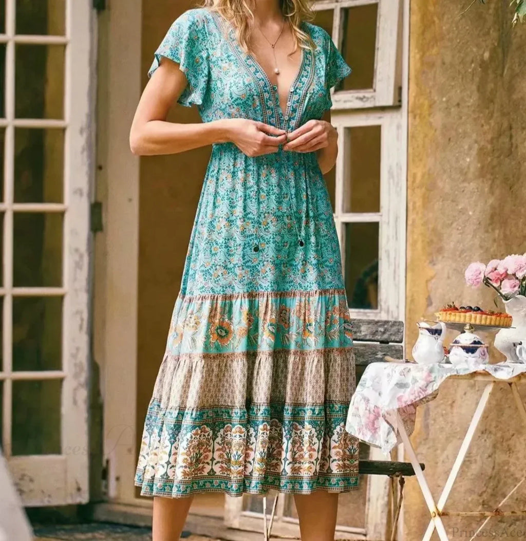 Drawstring Waist Midi Dress Vintage Floral Cotton Casual Summer