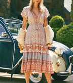 Drawstring Waist Midi Dress Vintage Floral Cotton Casual Summer