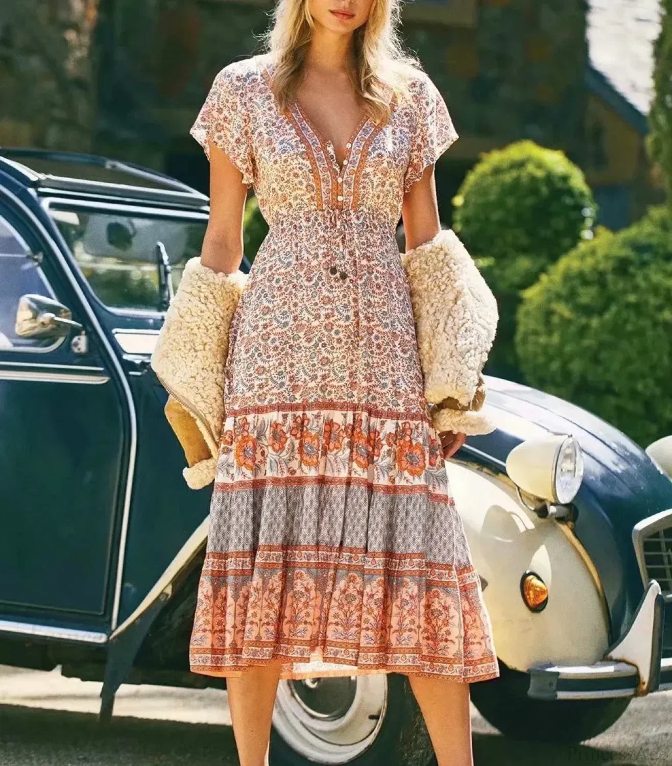 Drawstring Waist Midi Dress Vintage Floral Cotton Casual Summer