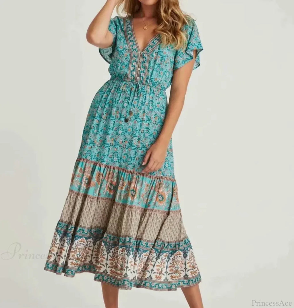 Drawstring Waist Midi Dress Vintage Floral Cotton Casual Summer