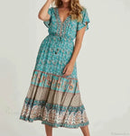 Drawstring Waist Midi Dress Vintage Floral Cotton Casual Summer