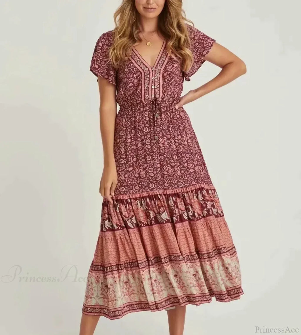 Drawstring Waist Midi Dress Vintage Floral Cotton Casual Summer
