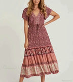 Drawstring Waist Midi Dress Vintage Floral Cotton Casual Summer