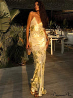 Dulzura Gold Strap V Neck Backless Long Metal Party Club Outfits Y2K Clothes Summer Floral Dress