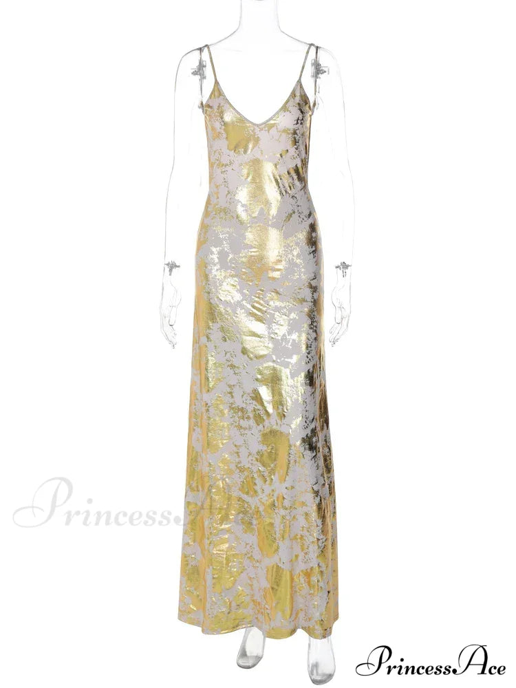 Dulzura Gold Strap V Neck Backless Long Metal Party Club Outfits Y2K Clothes Summer Floral Dress