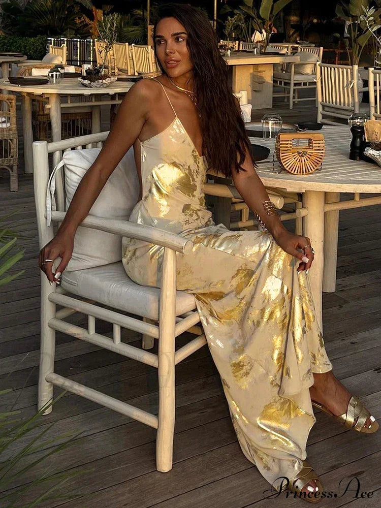 Dulzura Gold Strap V Neck Backless Long Metal Party Club Outfits Y2K Clothes Summer Floral Dress