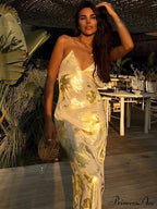 Dulzura Gold Strap V Neck Backless Long Metal Party Club Outfits Y2K Clothes Summer Floral Dress