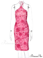 Dulzura Rose Print Lace Up Halter Mini Backless Party Outfit Birthday Clothes Y2K Floral Dress