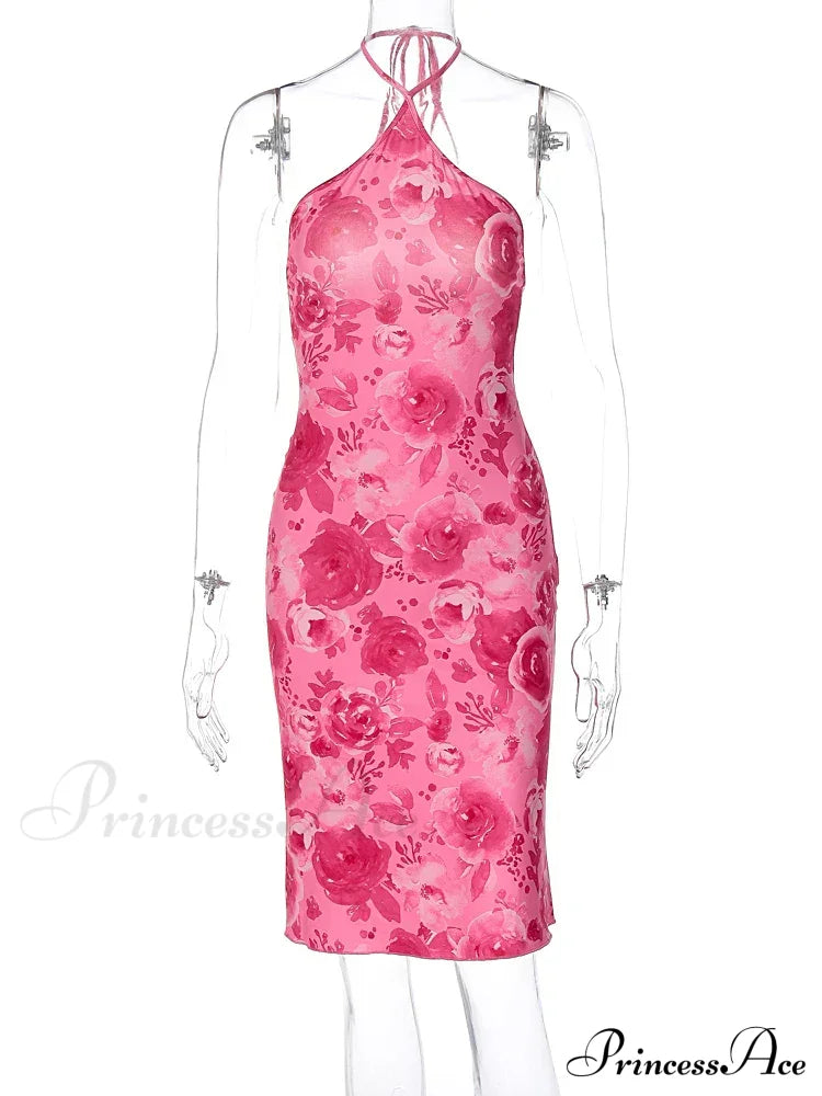 Dulzura Rose Print Lace Up Halter Mini Backless Party Outfit Birthday Clothes Y2K Floral Dress