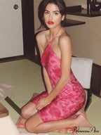 Dulzura Rose Print Lace Up Halter Mini Backless Party Outfit Birthday Clothes Y2K Floral Dress