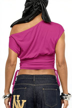 Shoulder Cutout Ruched Letter T-Shirt