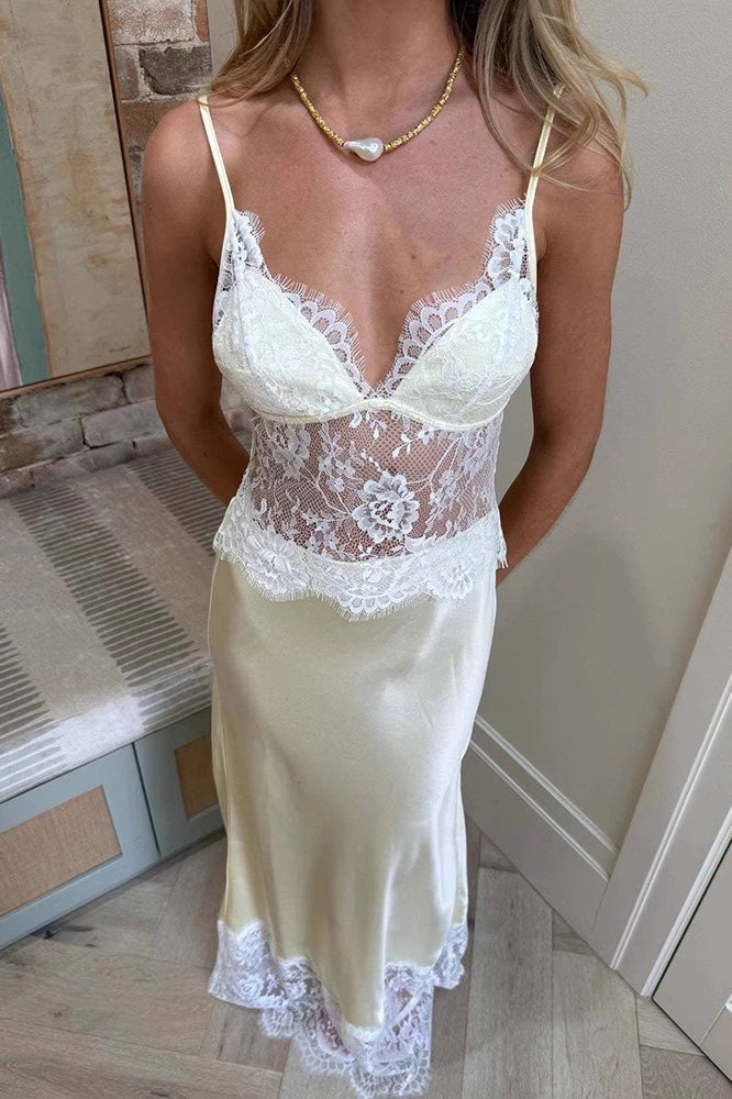 Elegant Deep V Sheer Lace Patchwork Maxi Dress
